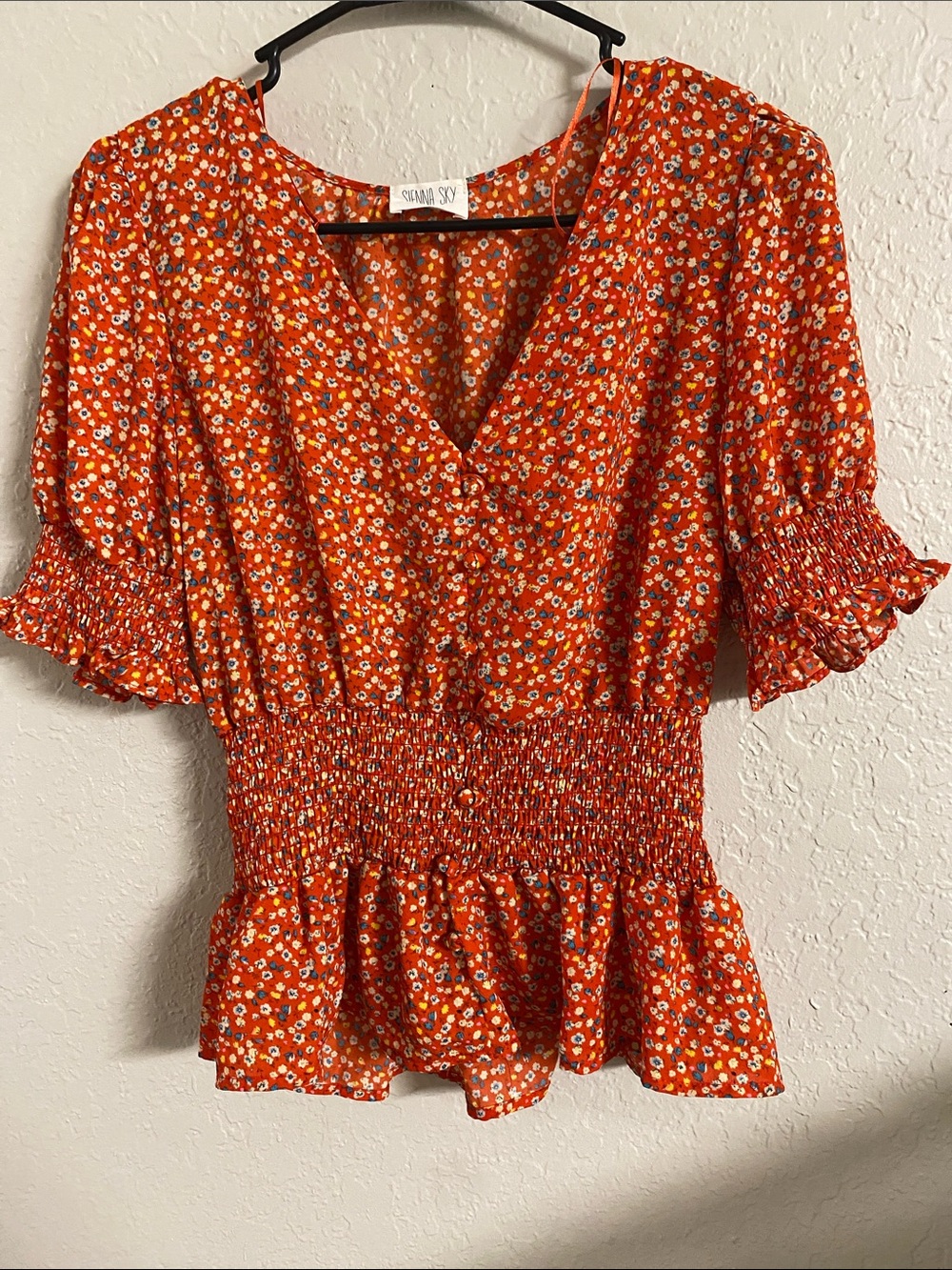 Sienna Sky Orange Floral Smocked Waist V-Neck Blouse